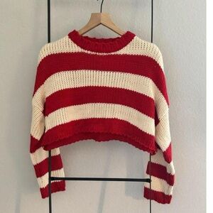 Edikted Ozzy Red Cream Striped Cropped Knit Sweater XS/S